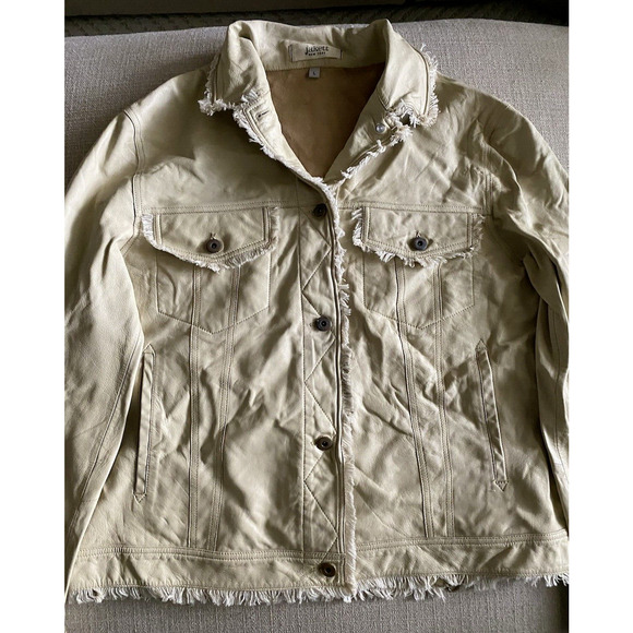 Jakett New York Jacket Womens Large Beige Boho Fringe Trim Western Leather Coat - Picture 4 of 15